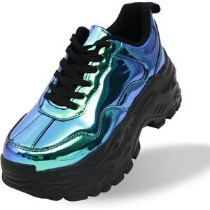 Niluber Tennis Shoes Women Size (6-8) Blue Hologram KPU Chunky Sneakers .